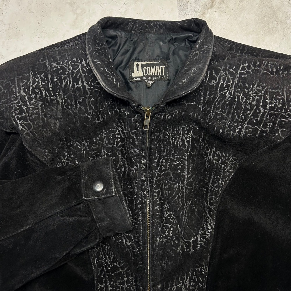 Comint Vintage Suede Leather Bomber Jacket Black Mens Medium Elephant Print